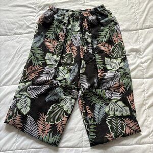 Womens Wide Leg Floral Tropical Beach Summer Cover Up Flowy Drawstring Green